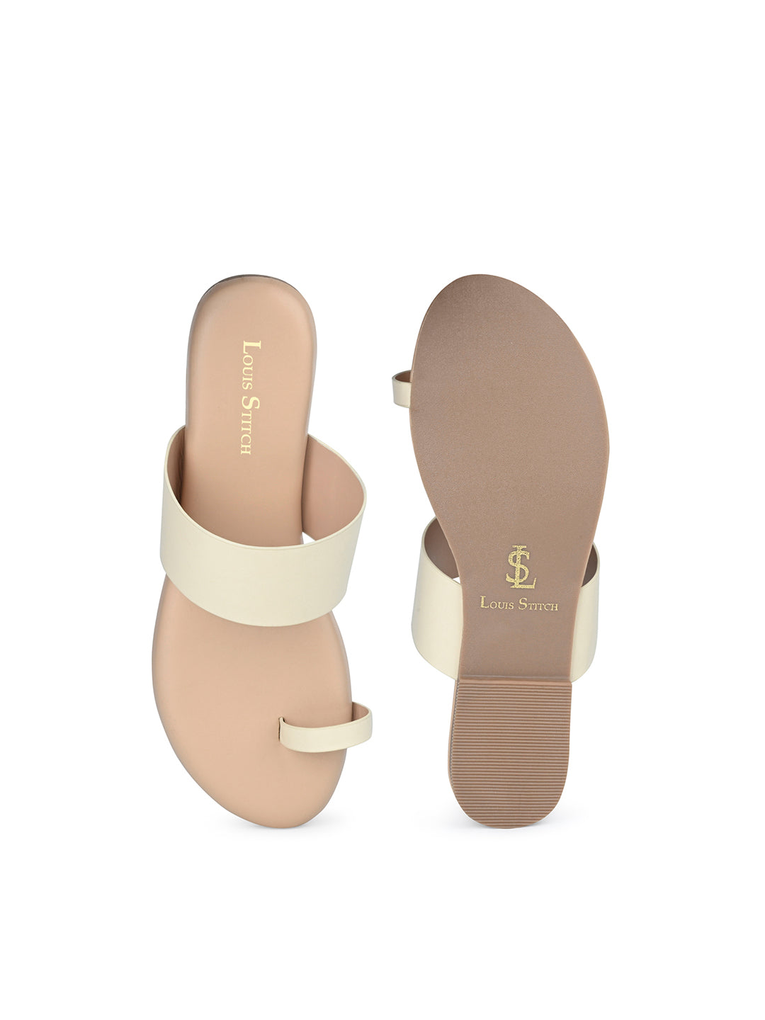 Women's Cream Flat Heel Toe-Ring Sandals