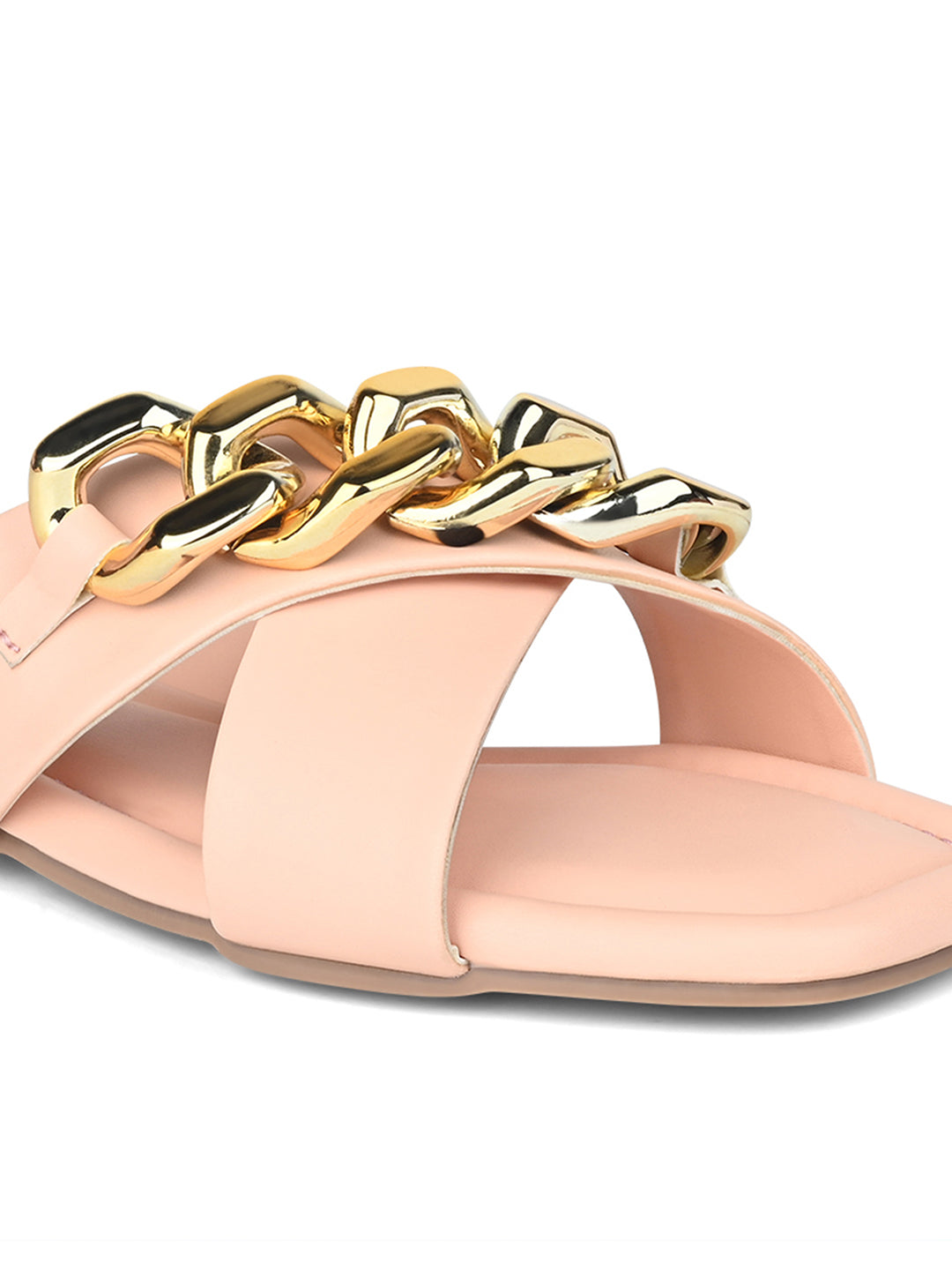 Women's Peach Flat Heel Cross Strap Buckle Sandals