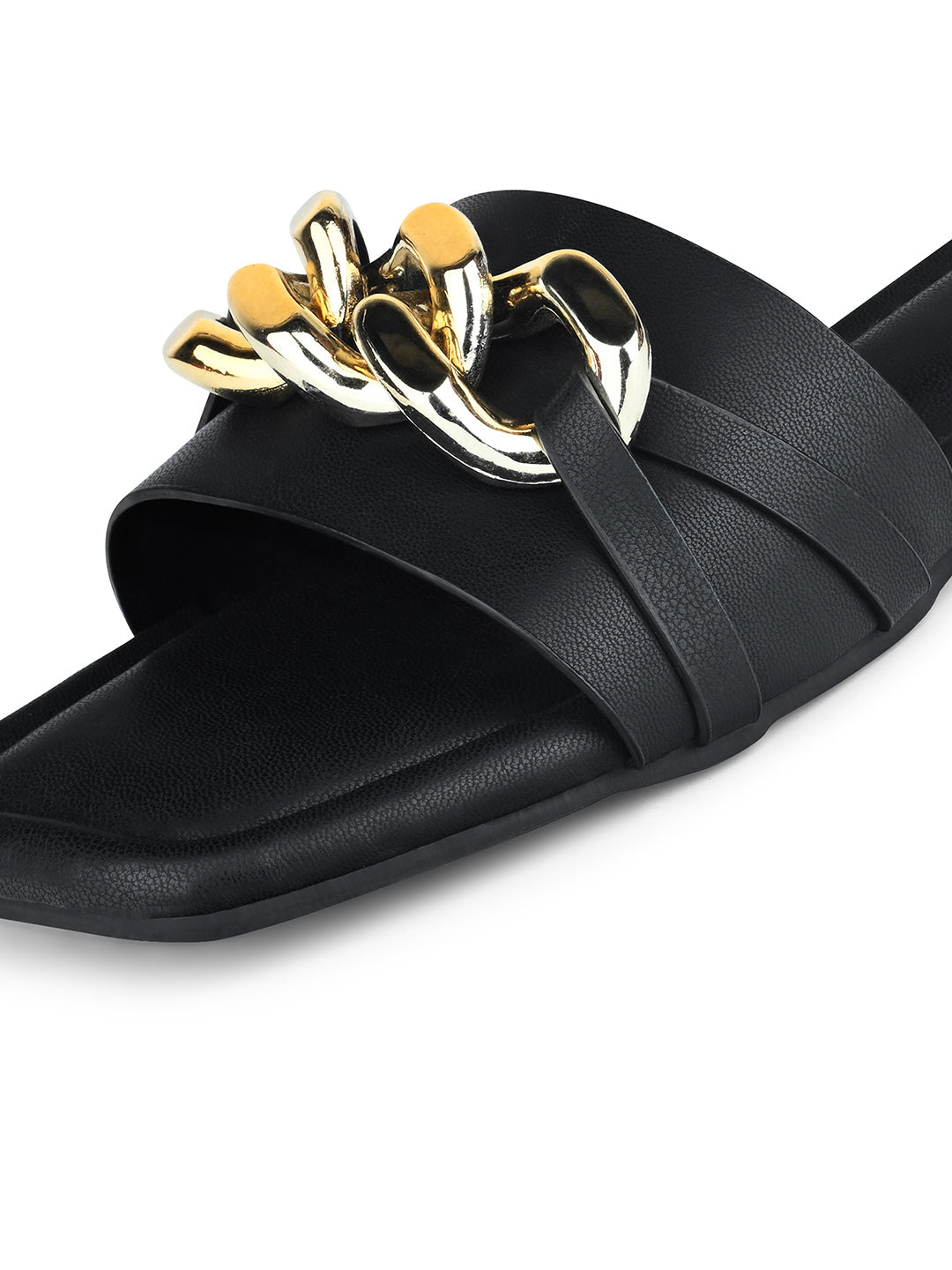 Women's Black Flat Heel Strap Buckle Sandals