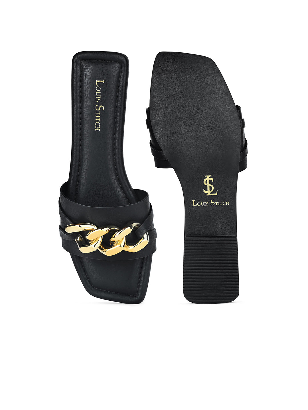 Women's Black Flat Heel Strap Buckle Sandals