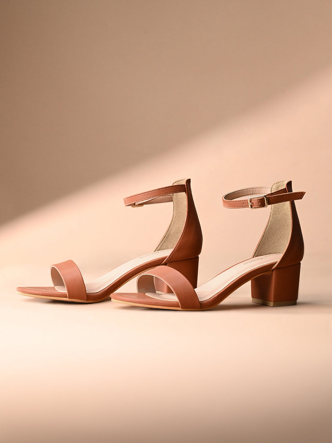 Women's Tan Block Heel Ankle Strap Sandals