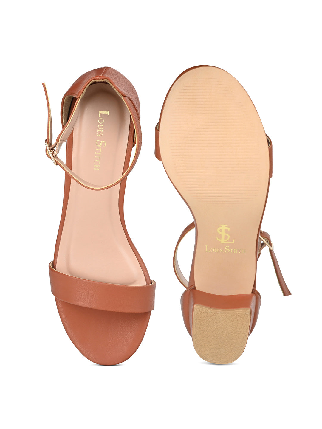 Women's Tan Block Heel Ankle Strap Sandals