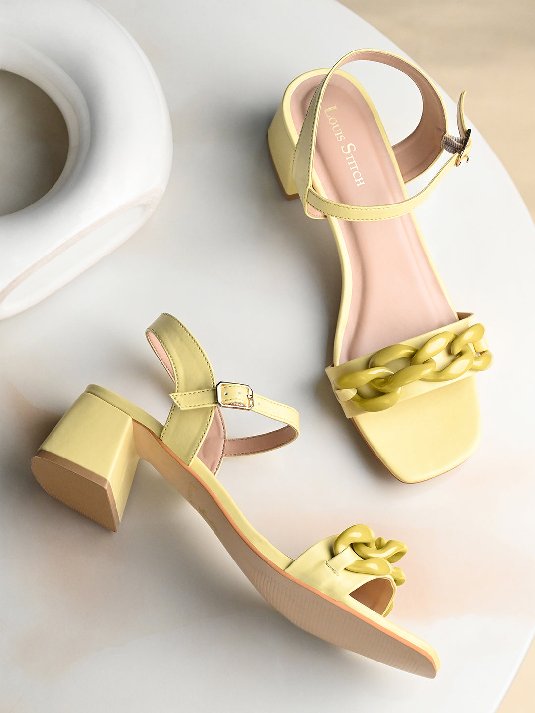 Women's Yellow Block Heel Buckle Strap Sandals