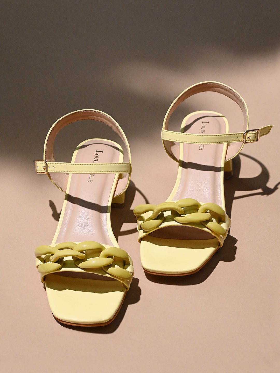 Women's Yellow Block Heel Buckle Strap Sandals
