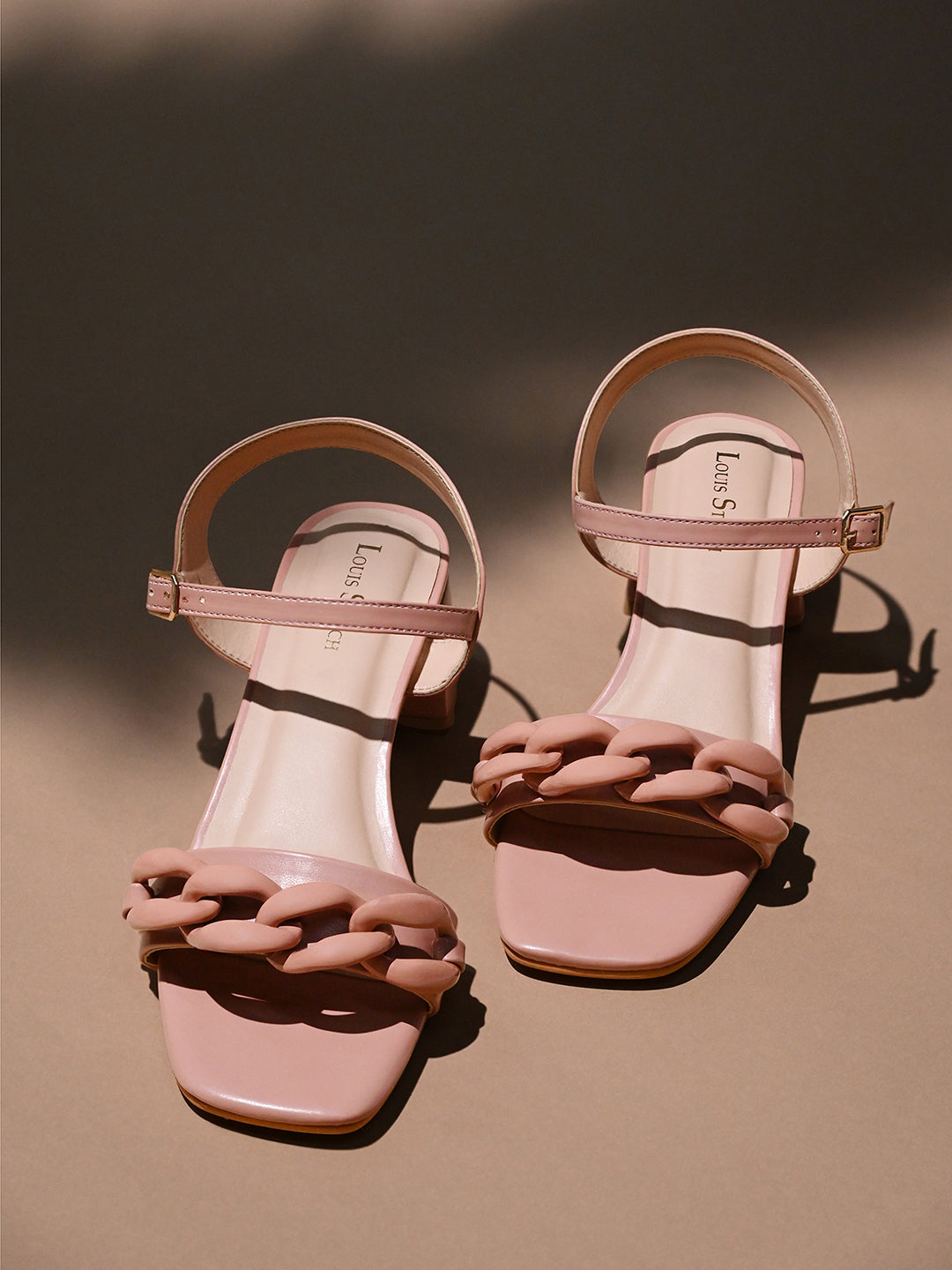 Women's Nude Pink Block Heel Buckle Strap Sandals
