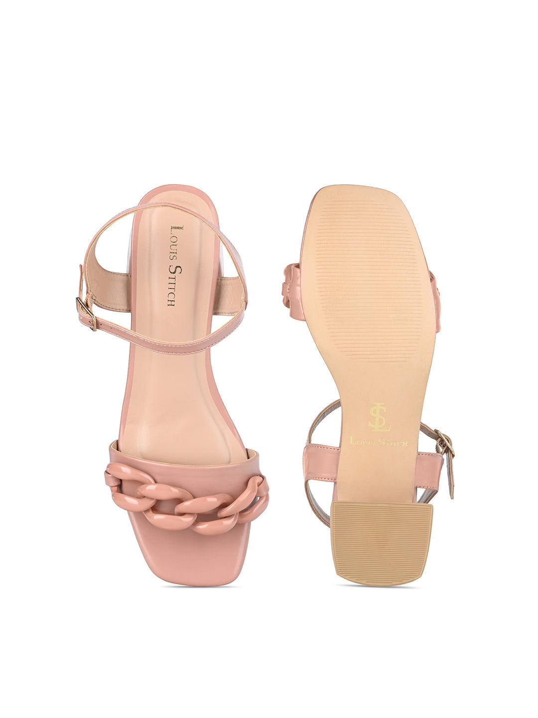 Women's Nude Pink Block Heel Buckle Strap Sandals