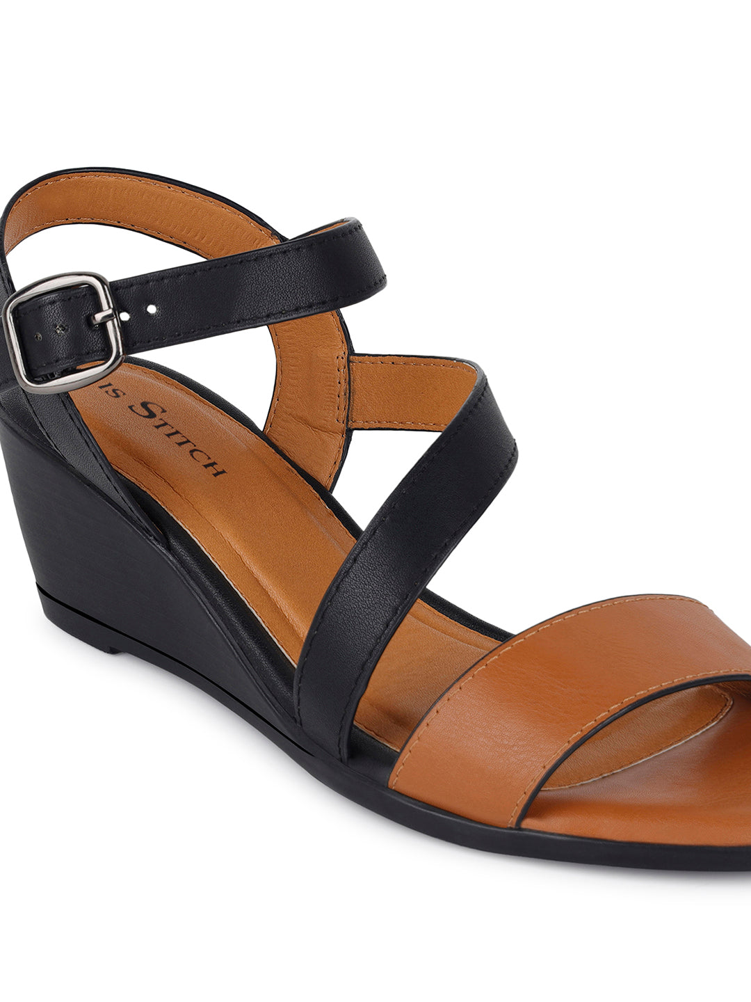Women's Striped Wedge Heel Black and Tan Lightweight Sandals