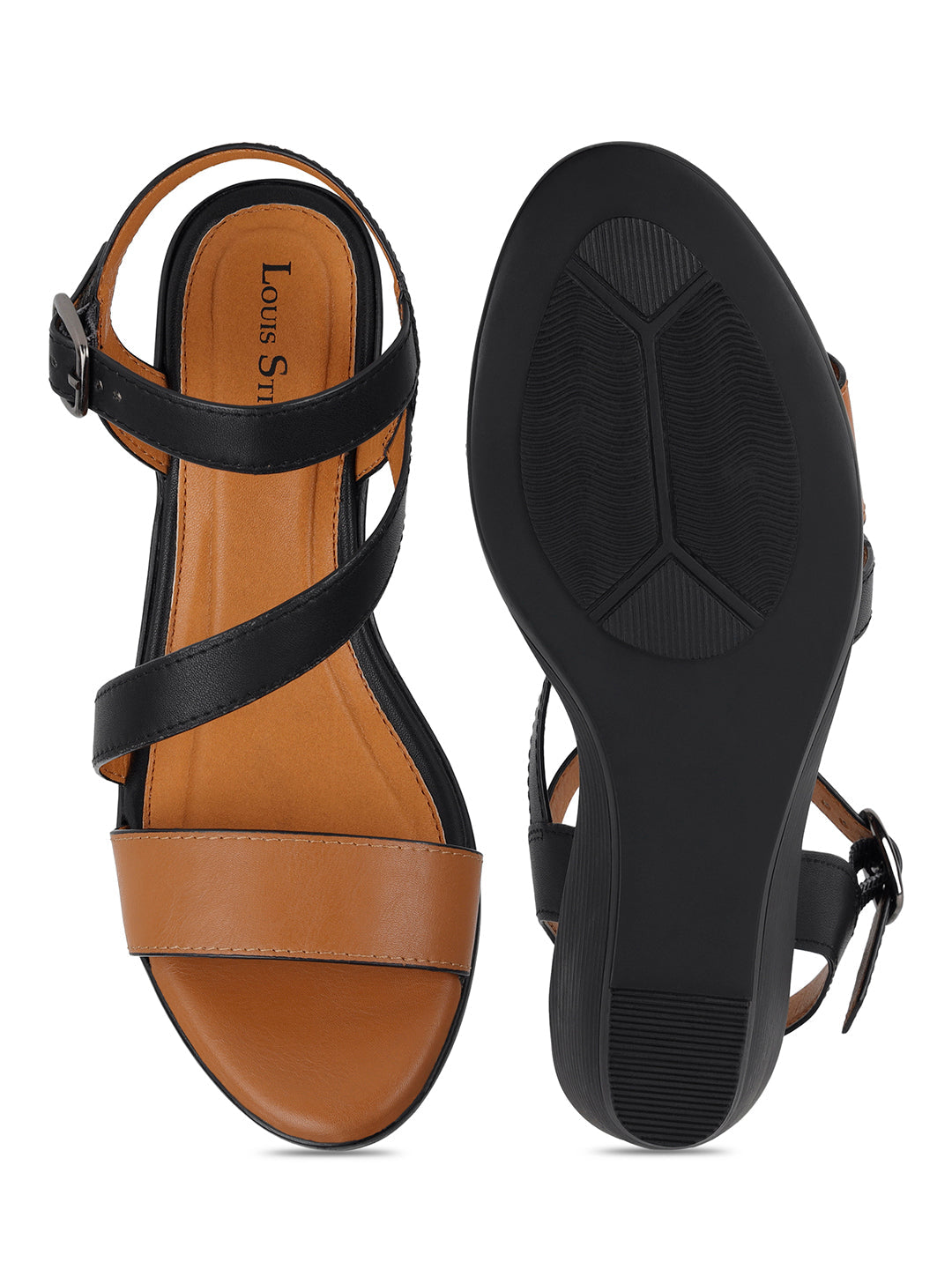 Women's Striped Wedge Heel Black and Tan Lightweight Sandals