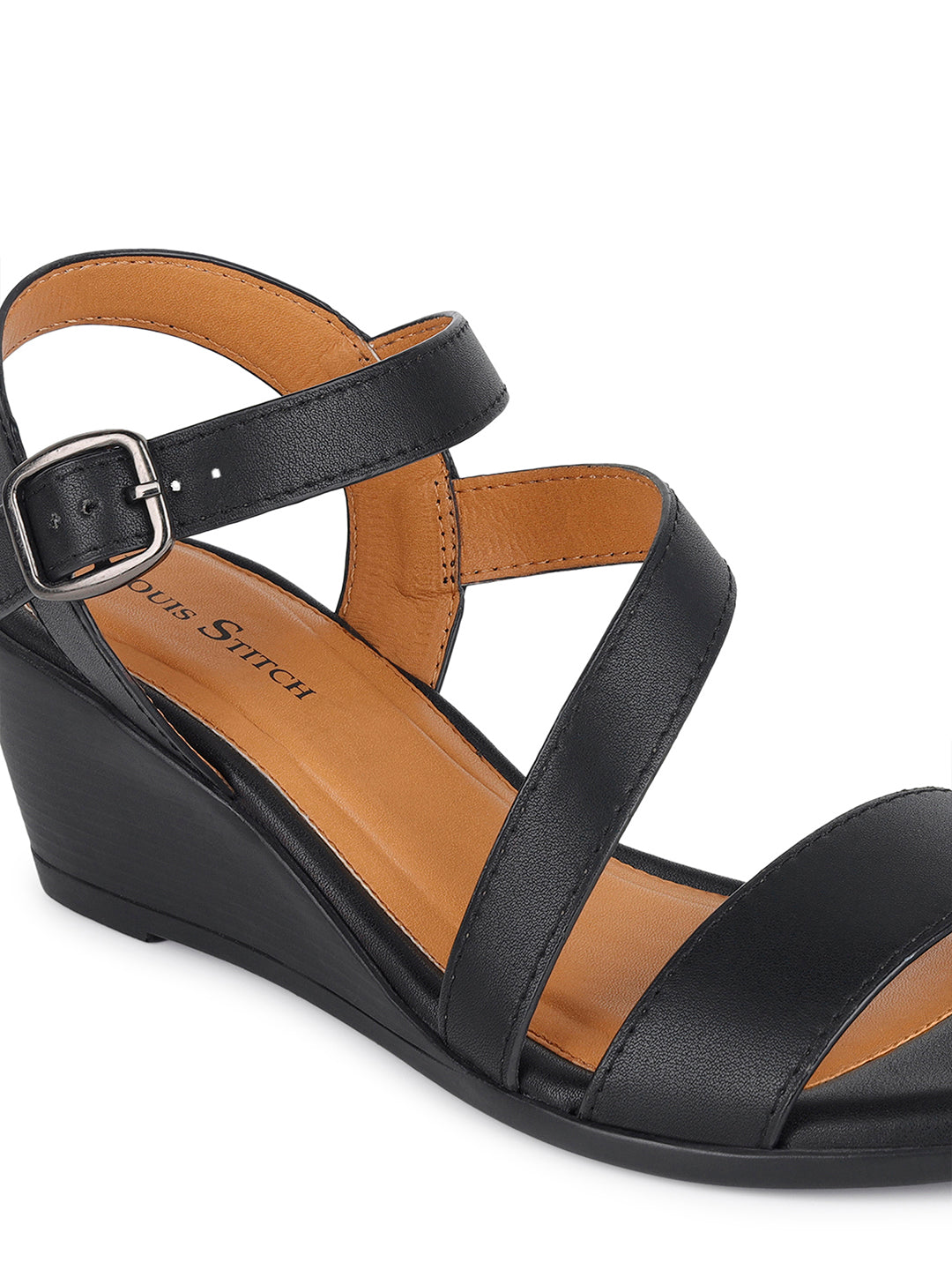 Women's Striped Wedge Heel Jet Black Lightweight Sandals