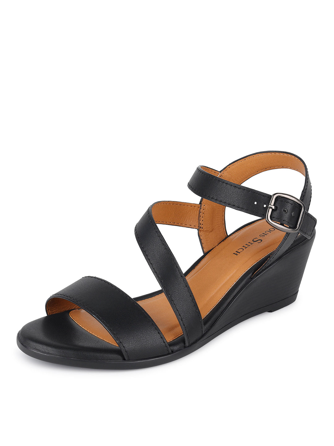 Women's Striped Wedge Heel Jet Black Lightweight Sandals