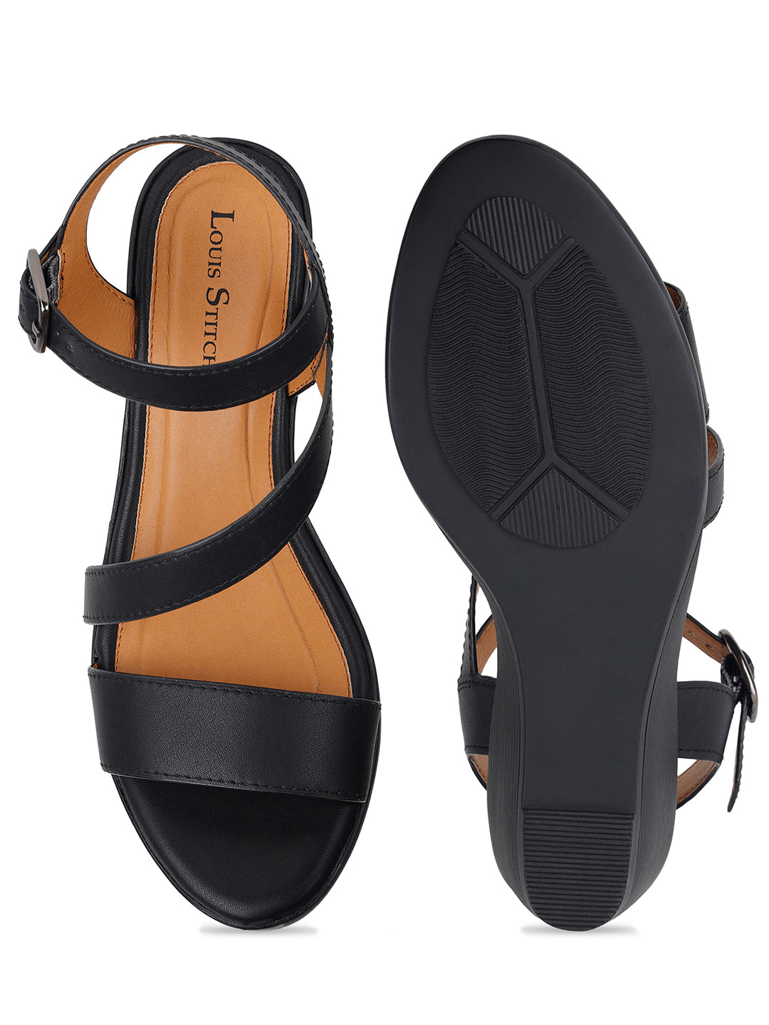 Women's Striped Wedge Heel Jet Black Lightweight Sandals