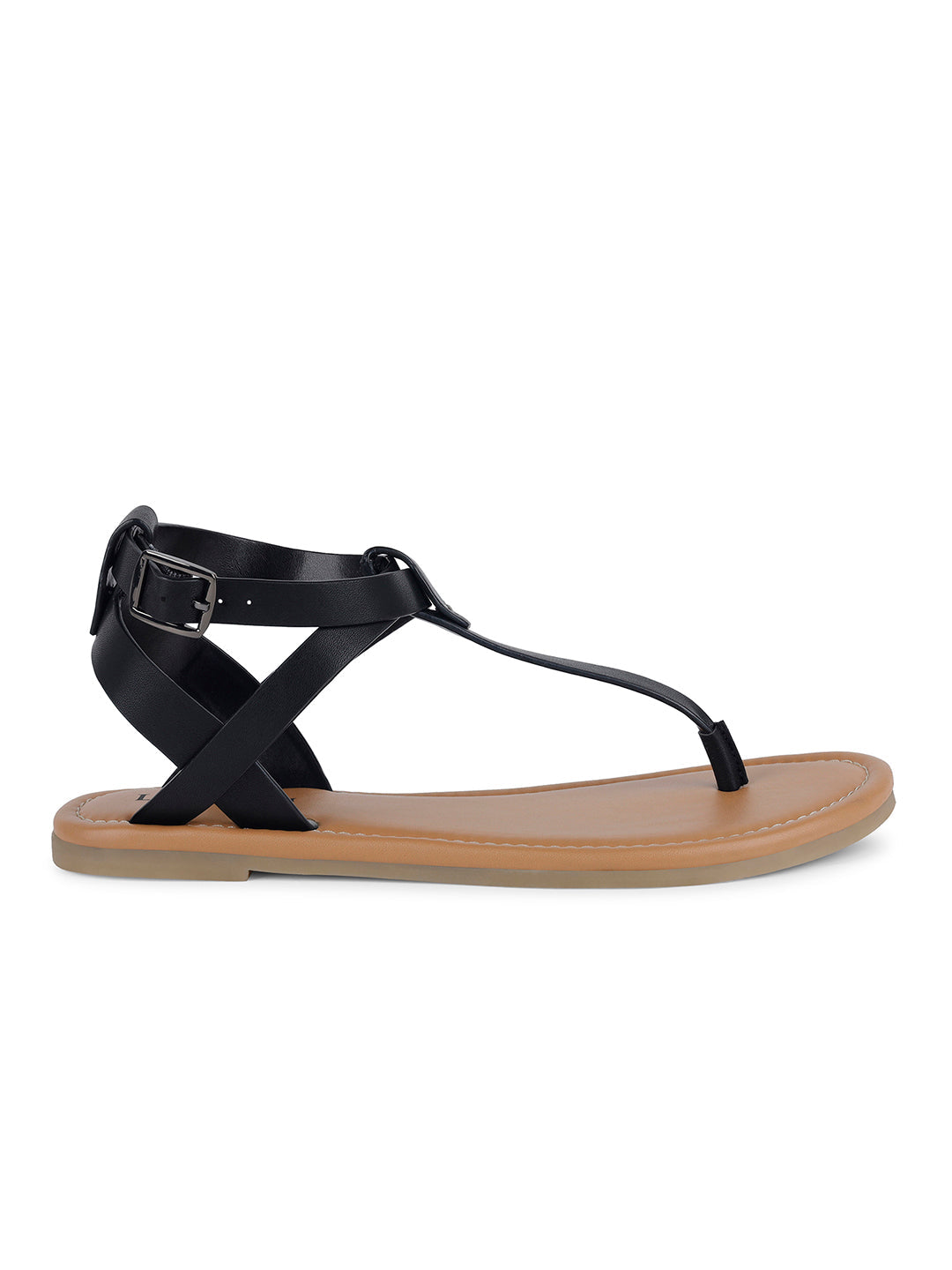 Women's Stylish T-Strap Jet Black Lightweight Sandals