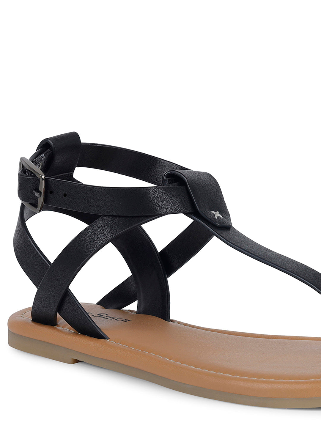 Women's Stylish T-Strap Jet Black Lightweight Sandals
