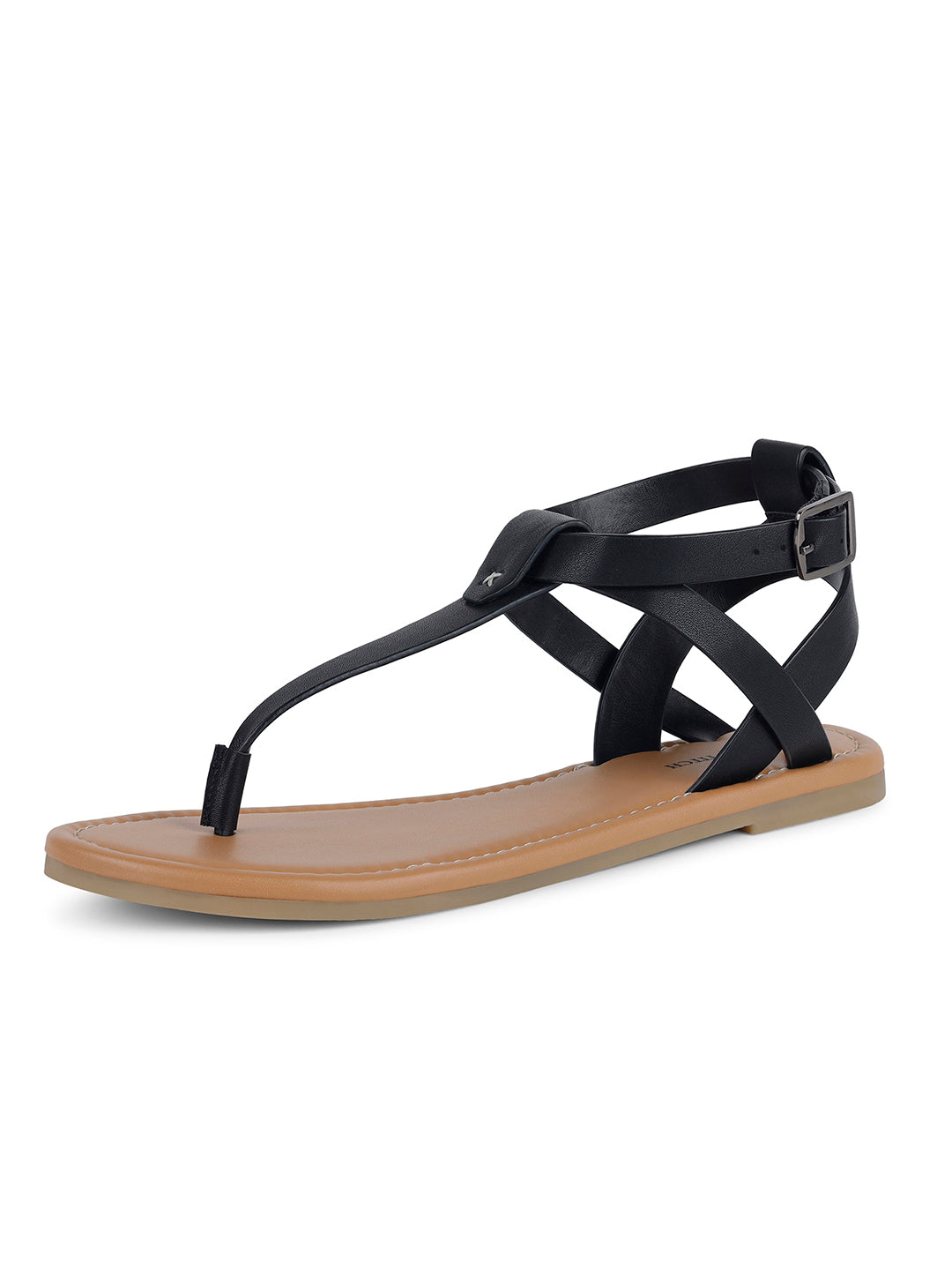 Women's Stylish T-Strap Jet Black Lightweight Sandals