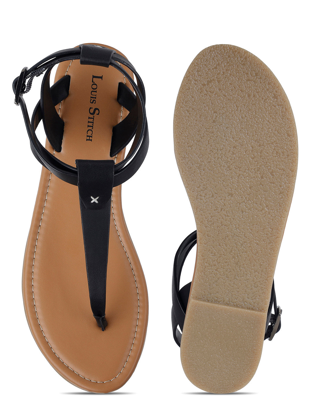 Women's Stylish T-Strap Jet Black Lightweight Sandals
