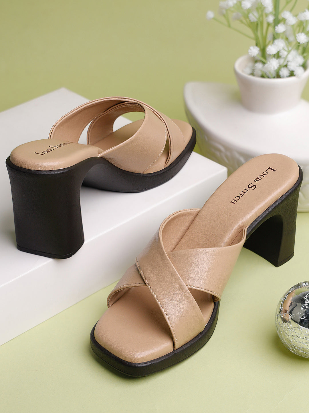 Women's Cross Strap Block Heel Beige Lightweight Sandals