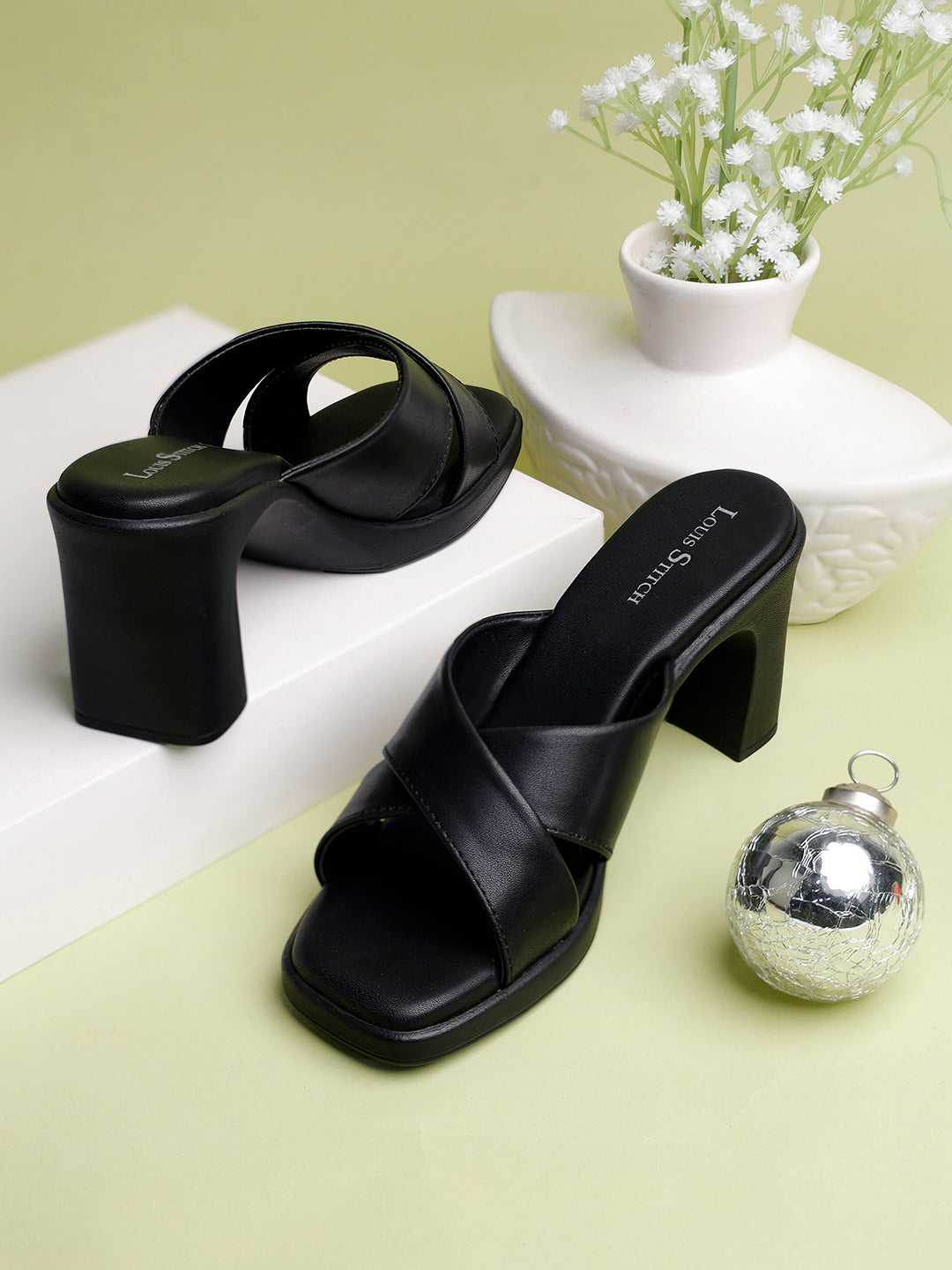 Women's Cross Strap Block Heel Jet Black Lightweight Sandals