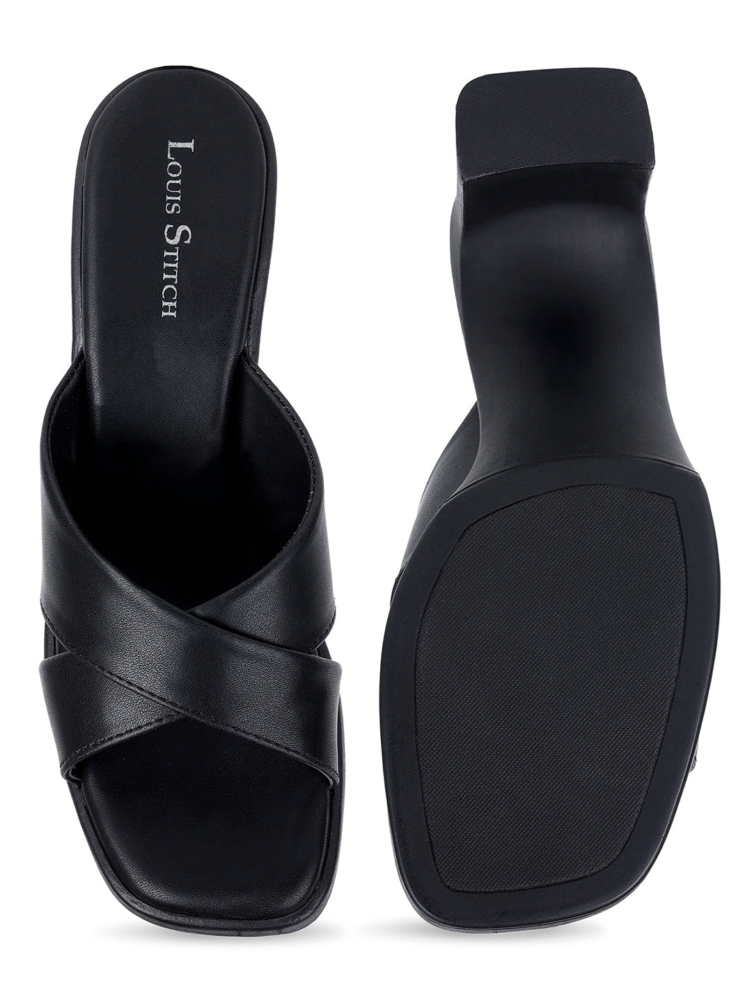 Women's Cross Strap Block Heel Jet Black Lightweight Sandals