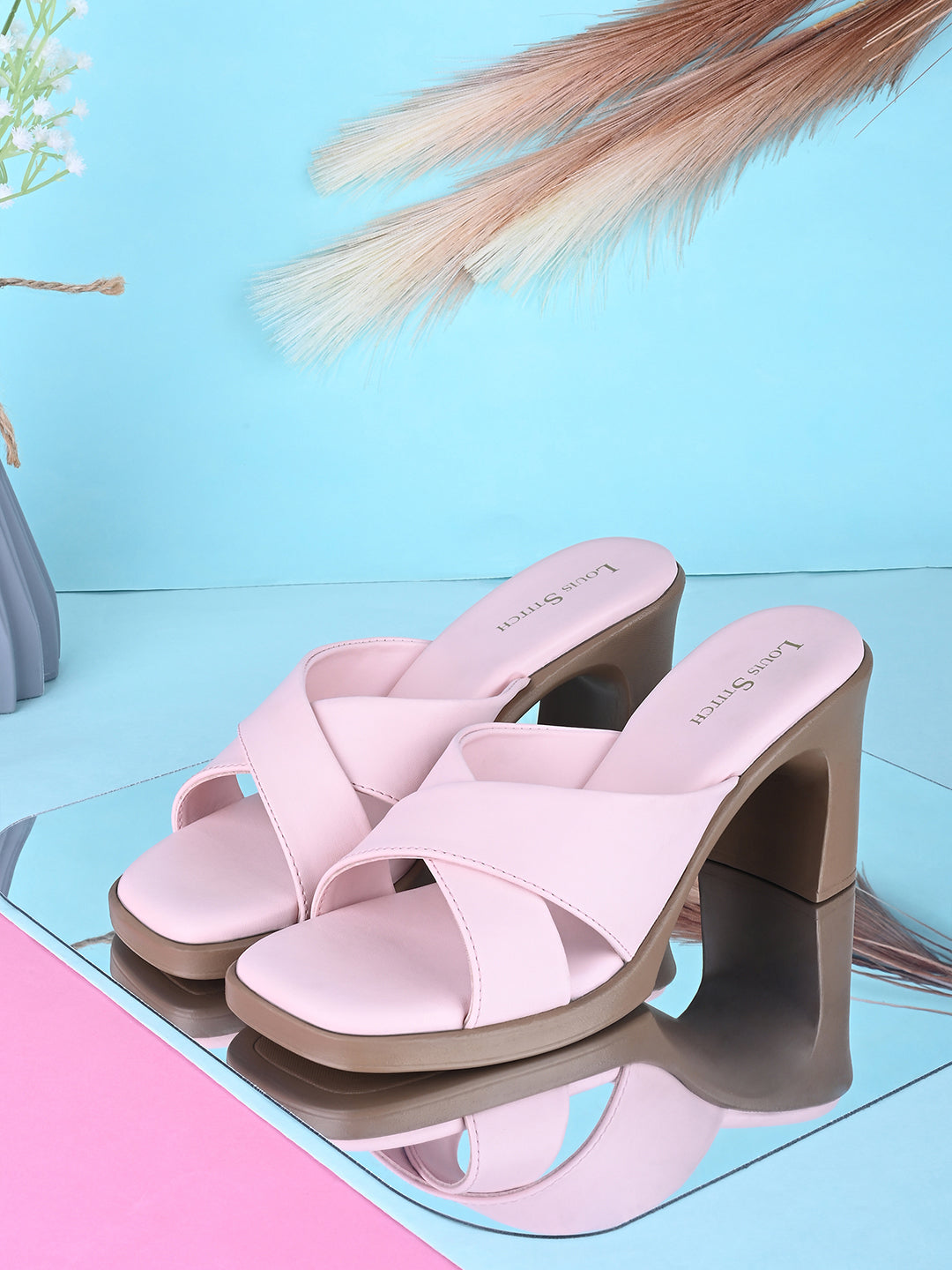 Women's Cross Strap Block Heel Pink Lightweight Sandals