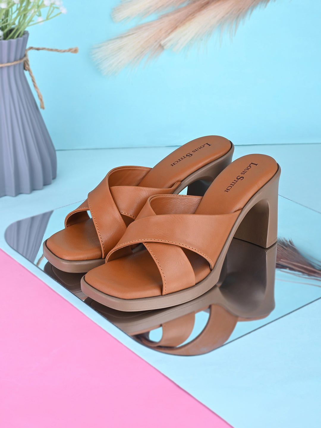 Women's Cross Strap Block Heel Tan Lightweight Sandals