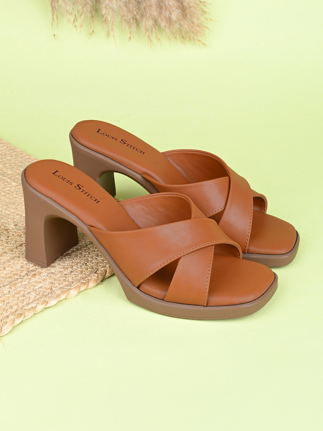 Women's Cross Strap Block Heel Tan Lightweight Sandals