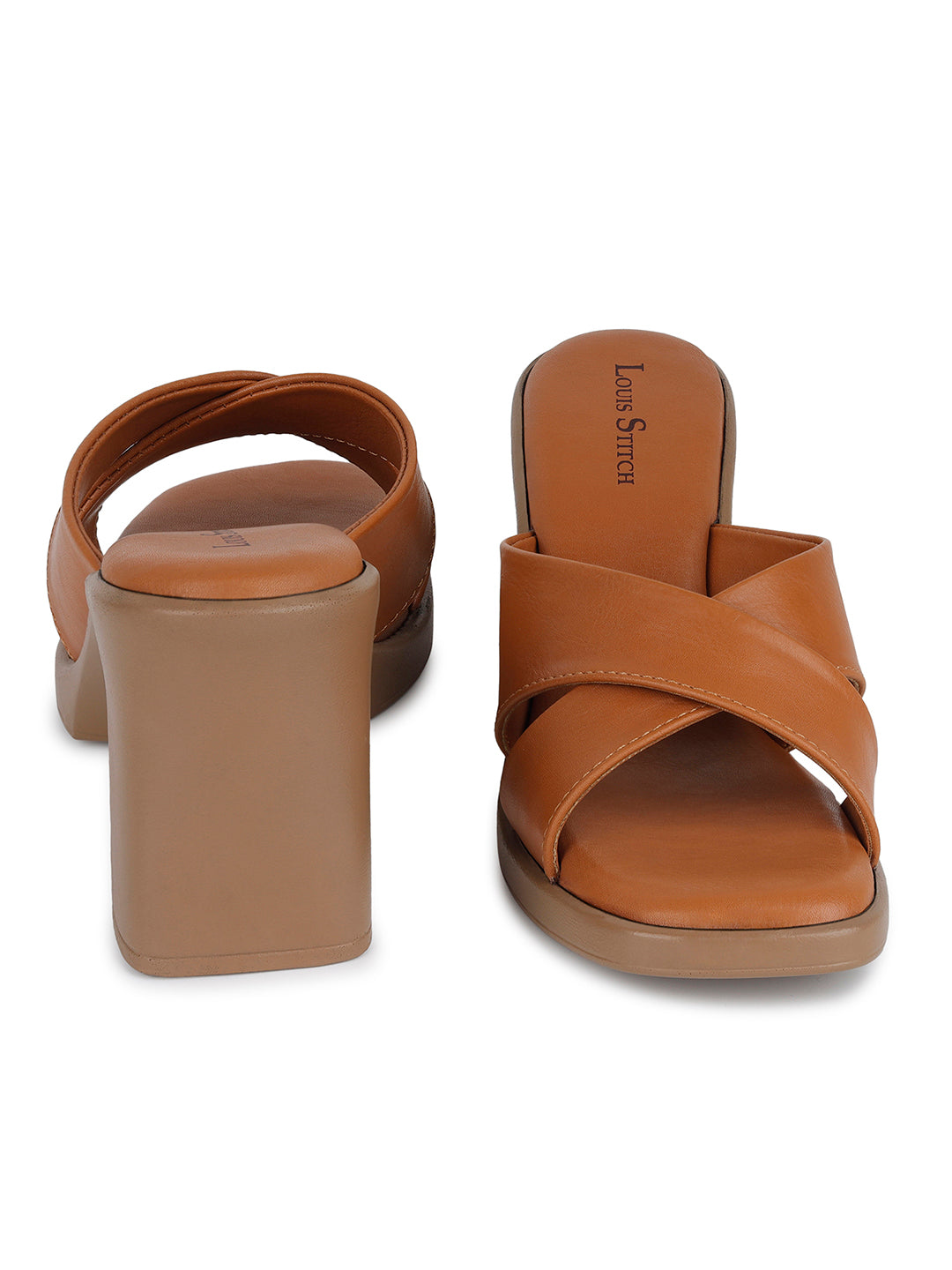 Women's Cross Strap Block Heel Tan Lightweight Sandals