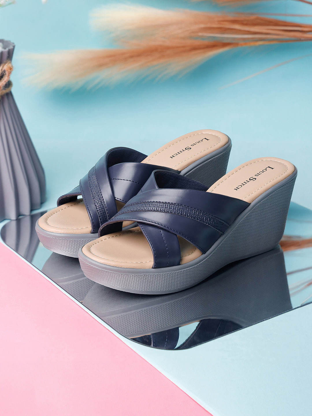 Women's Cross Textured Striped Wedge Heel Blue Lightweight Sandals