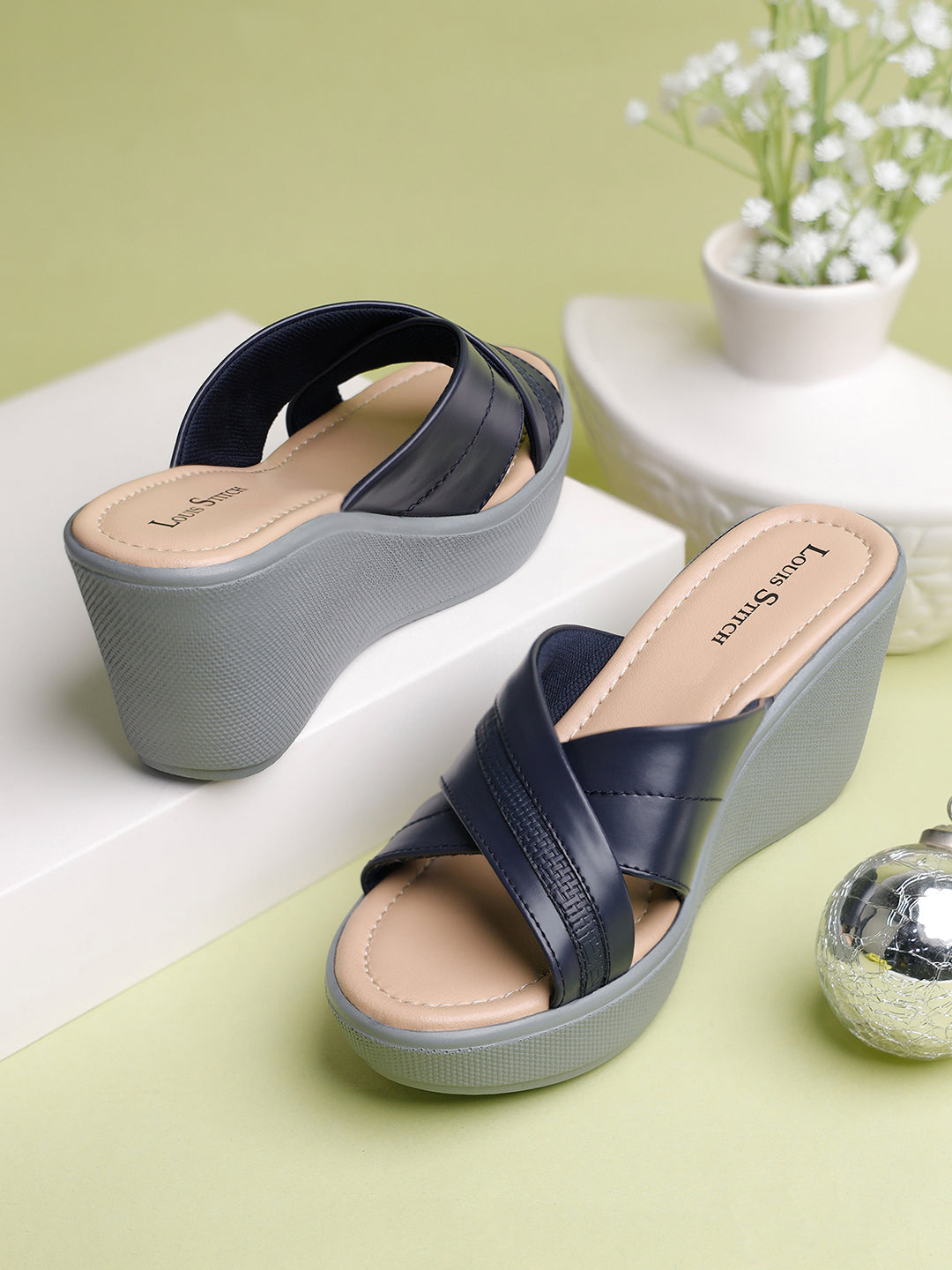 Women's Cross Textured Striped Wedge Heel Blue Lightweight Sandals