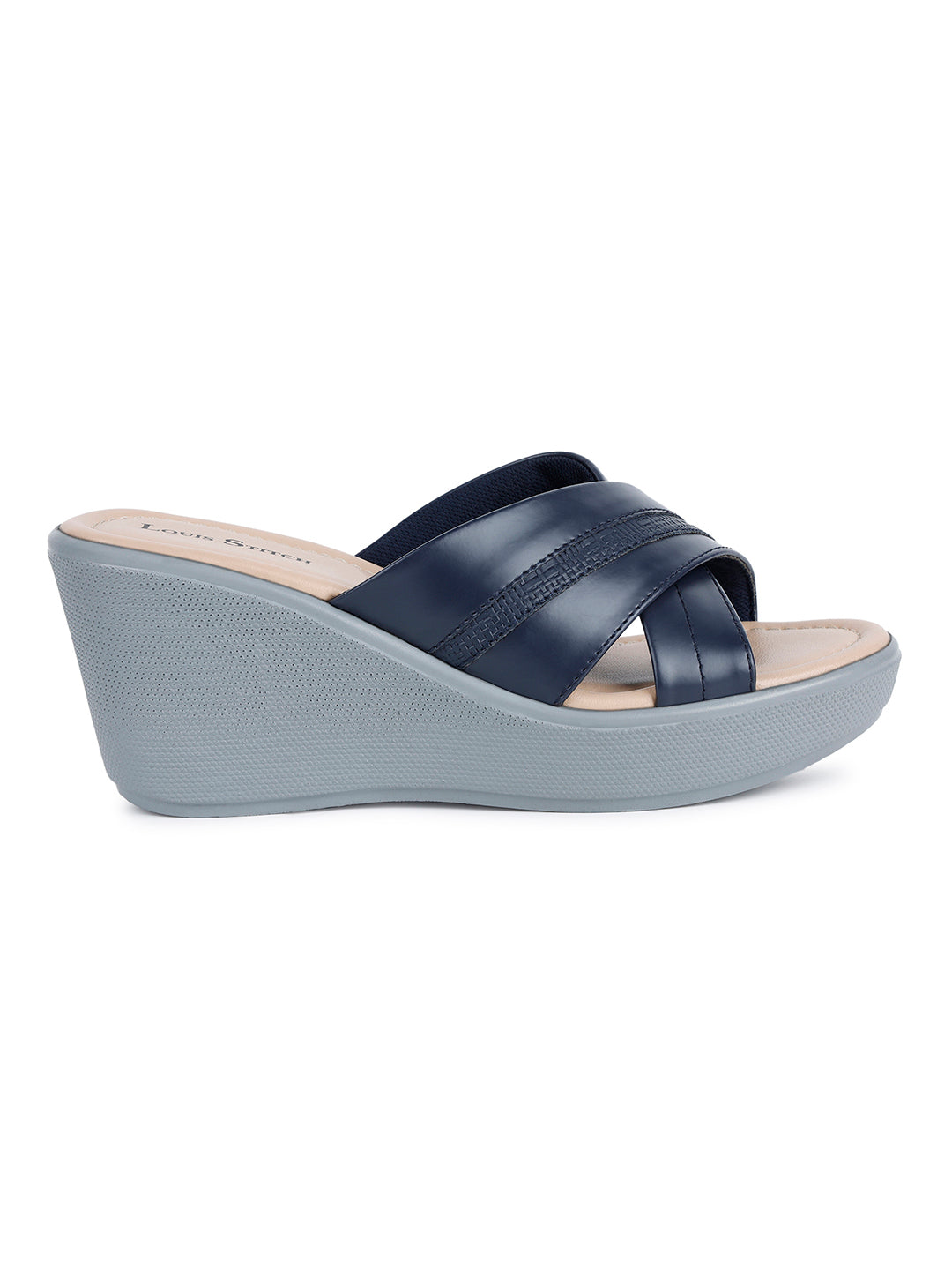 Women's Cross Textured Striped Wedge Heel Blue Lightweight Sandals