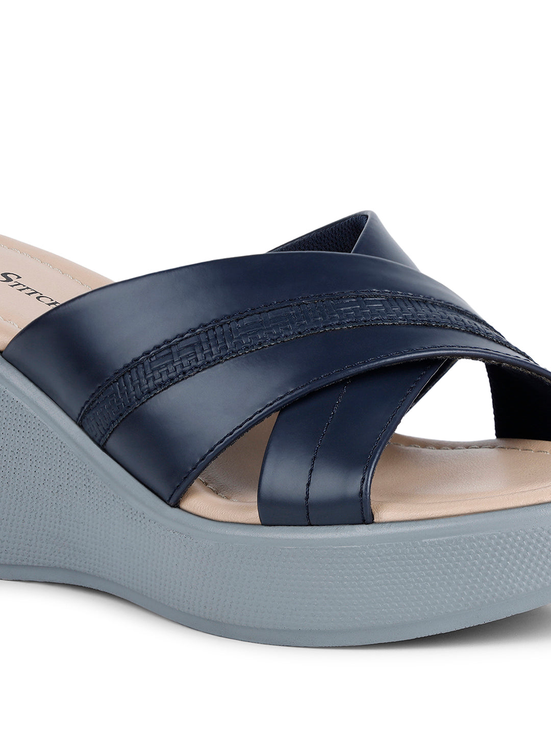 Women's Cross Textured Striped Wedge Heel Blue Lightweight Sandals