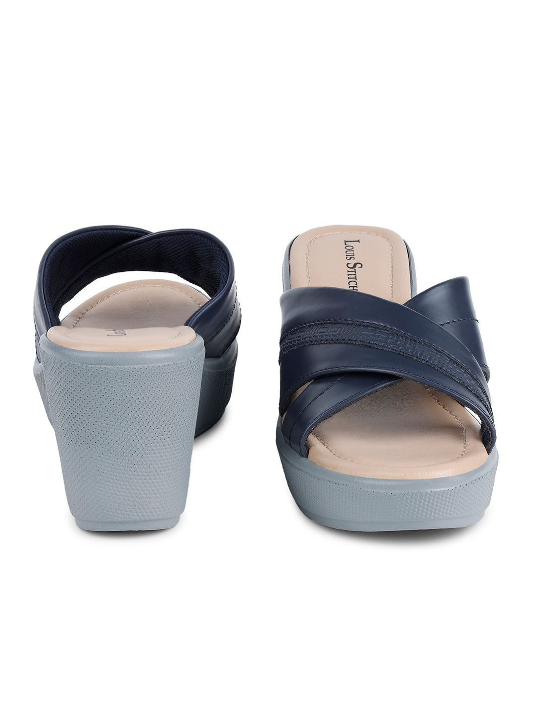 Women's Cross Textured Striped Wedge Heel Blue Lightweight Sandals