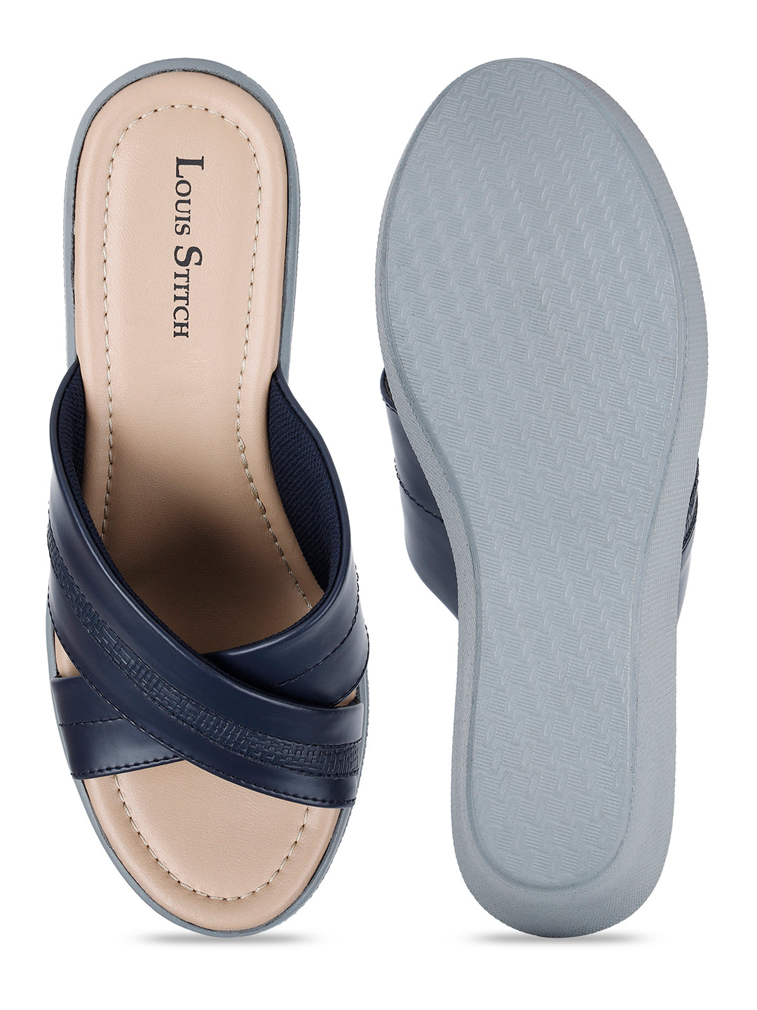 Women's Cross Textured Striped Wedge Heel Blue Lightweight Sandals