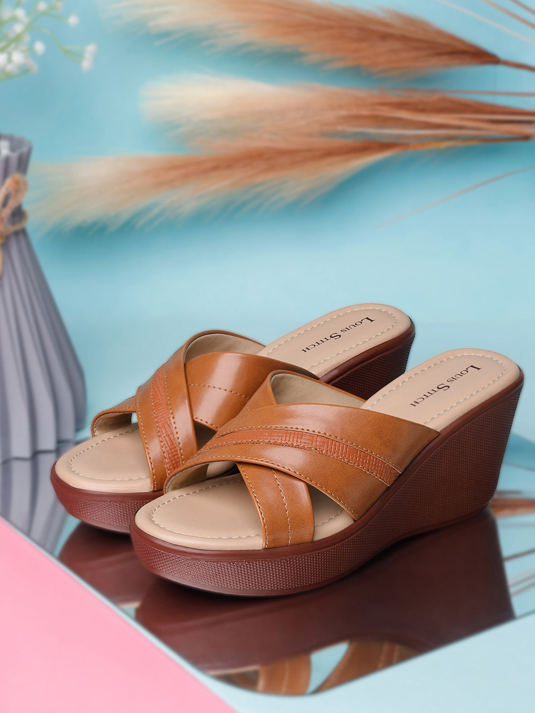 Women's Cross Textured Striped Wedge Heel Tan Lightweight Sandals