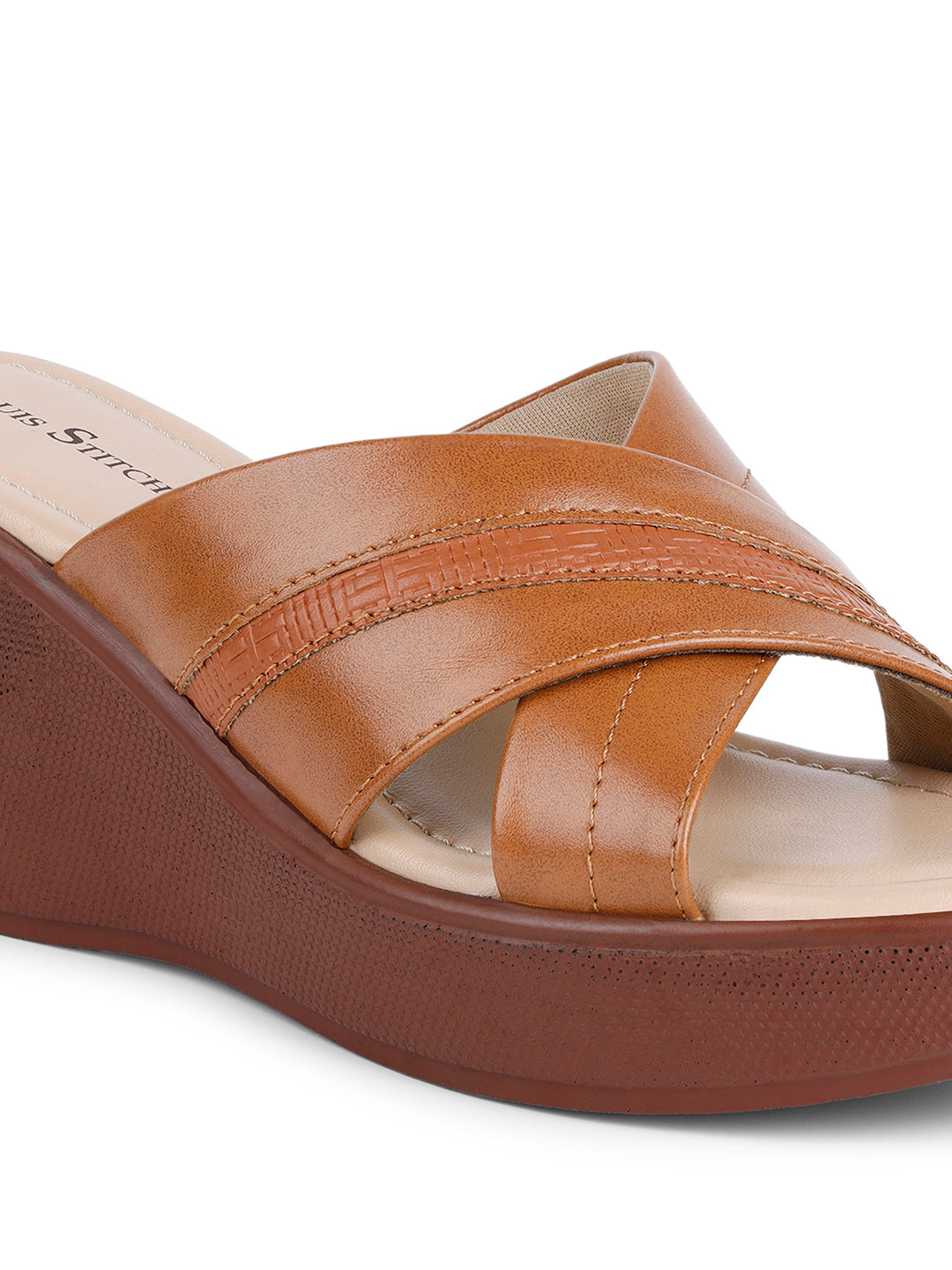 Women's Cross Textured Striped Wedge Heel Tan Lightweight Sandals