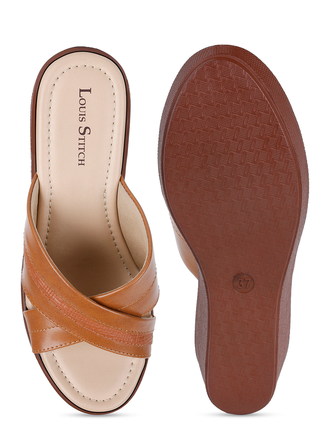 Women's Cross Textured Striped Wedge Heel Tan Lightweight Sandals