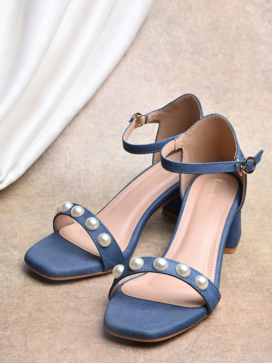 Women Blue Block Heel Slip-On Comfortable Ladies Sandals