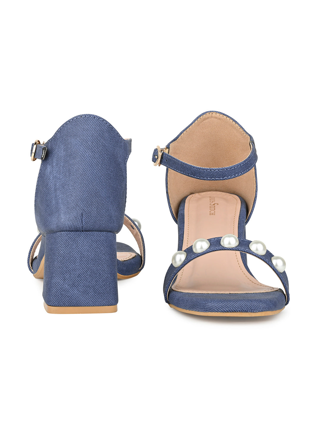 Women Blue Block Heel Slip-On Comfortable Ladies Sandals
