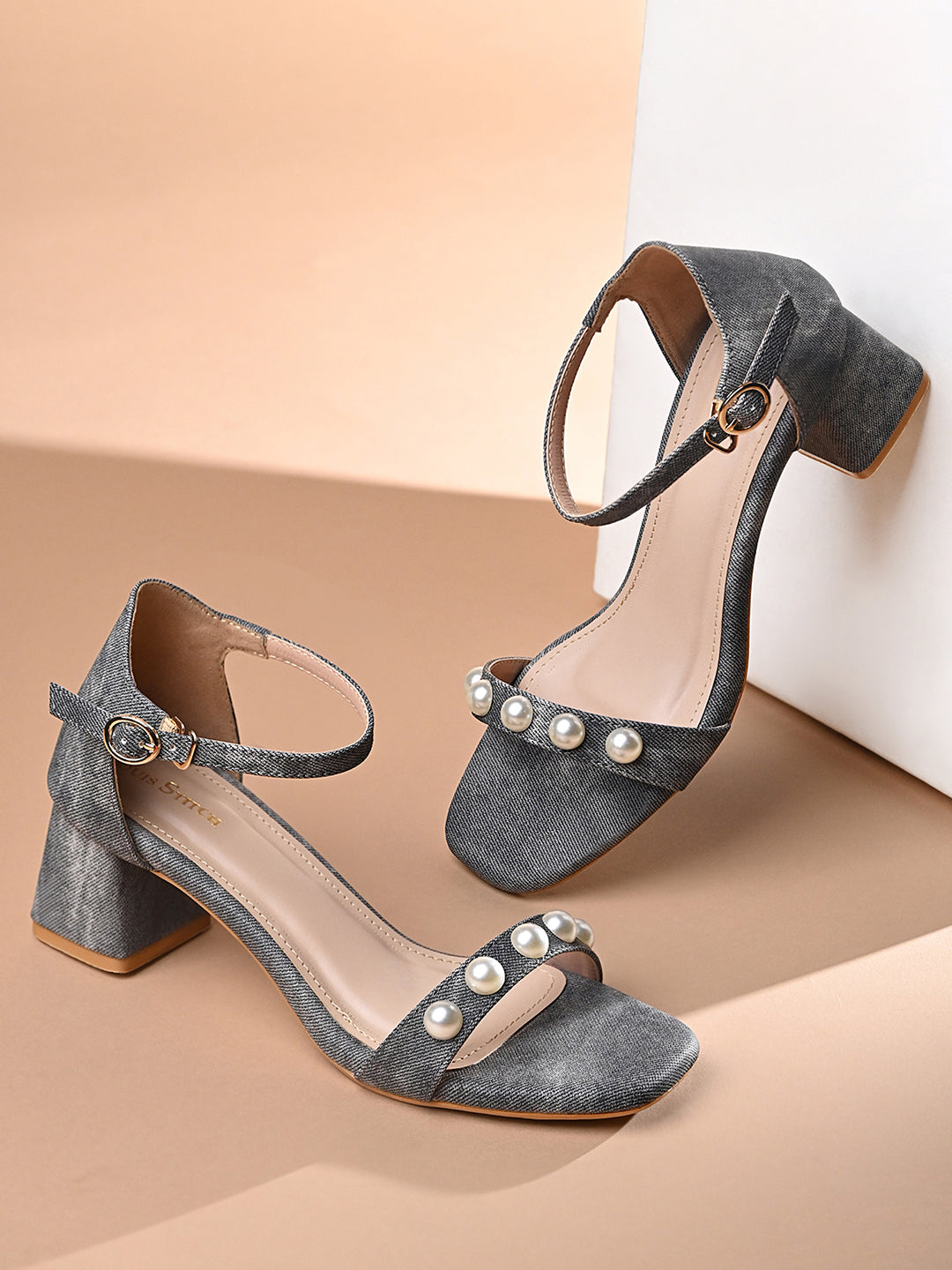 Women Grey Block Heel Slip-On Comfortable Ladies Sandals