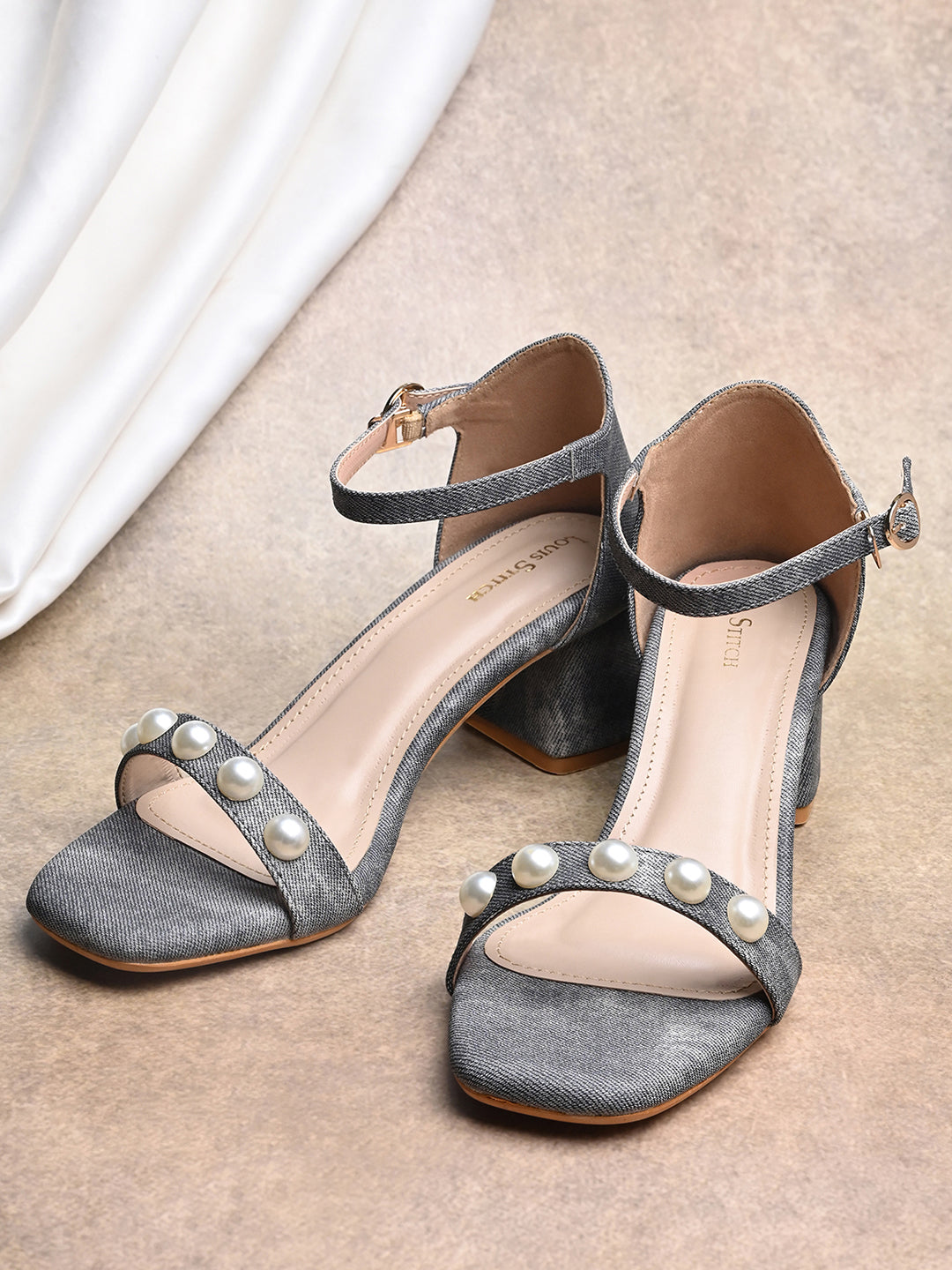 Women Grey Block Heel Slip-On Comfortable Ladies Sandals