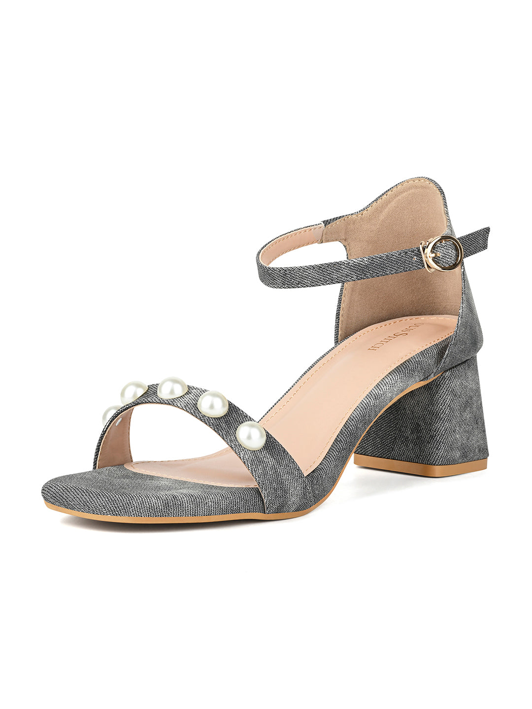 Women Grey Block Heel Slip-On Comfortable Ladies Sandals