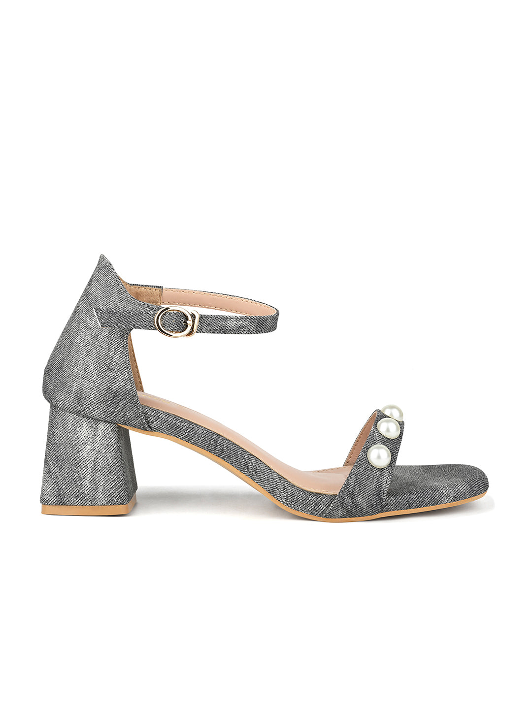 Women Grey Block Heel Slip-On Comfortable Ladies Sandals