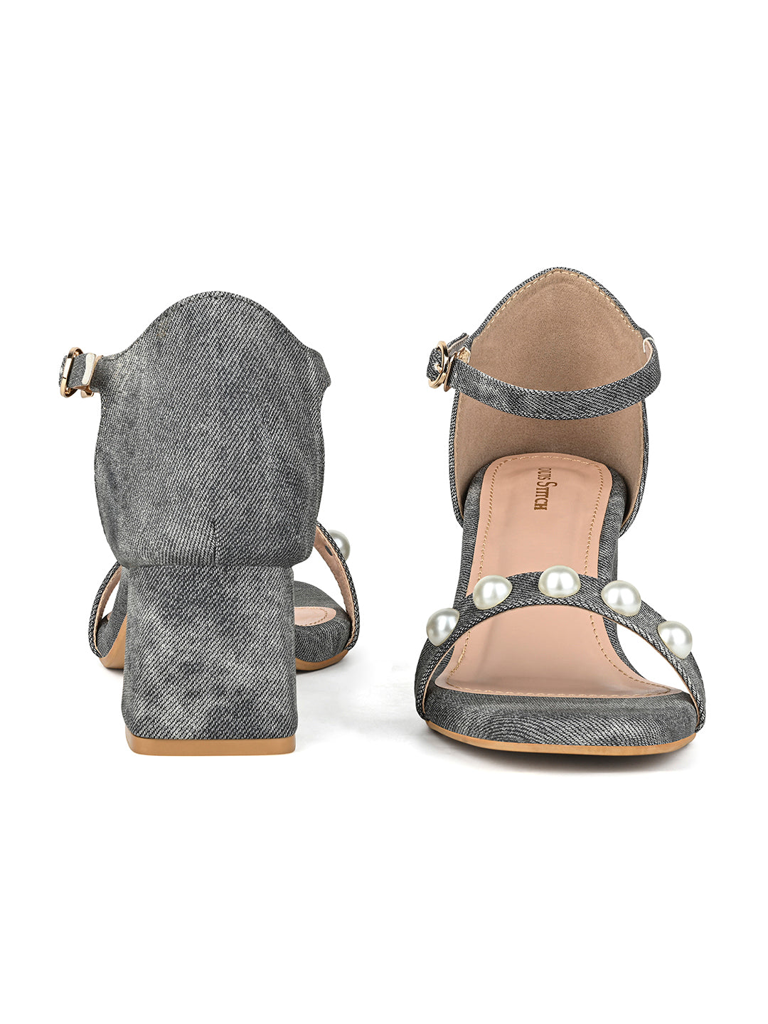 Women Grey Block Heel Slip-On Comfortable Ladies Sandals