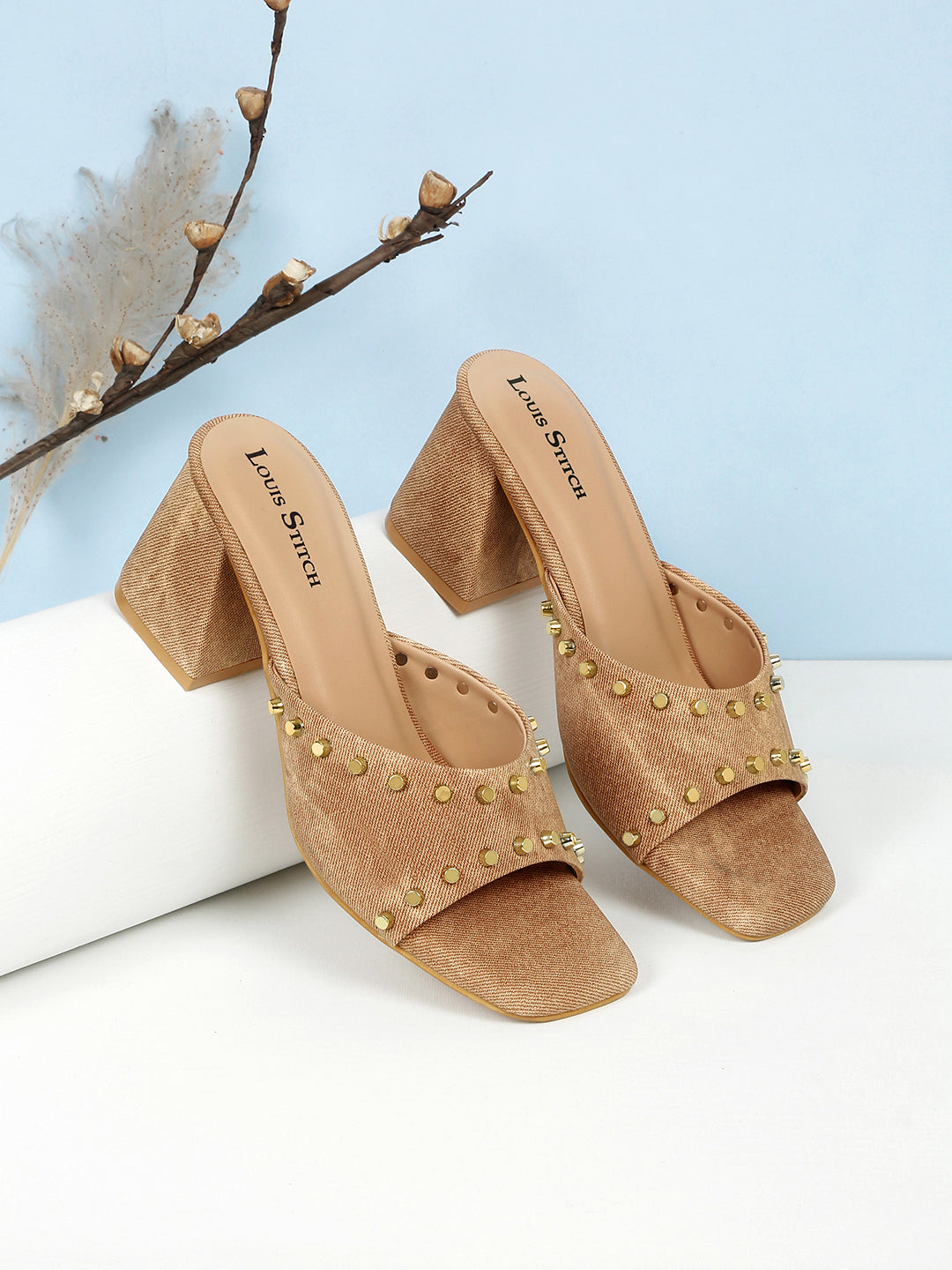 Women's Beige Block Heel Mules Beads Lightweight Sandals