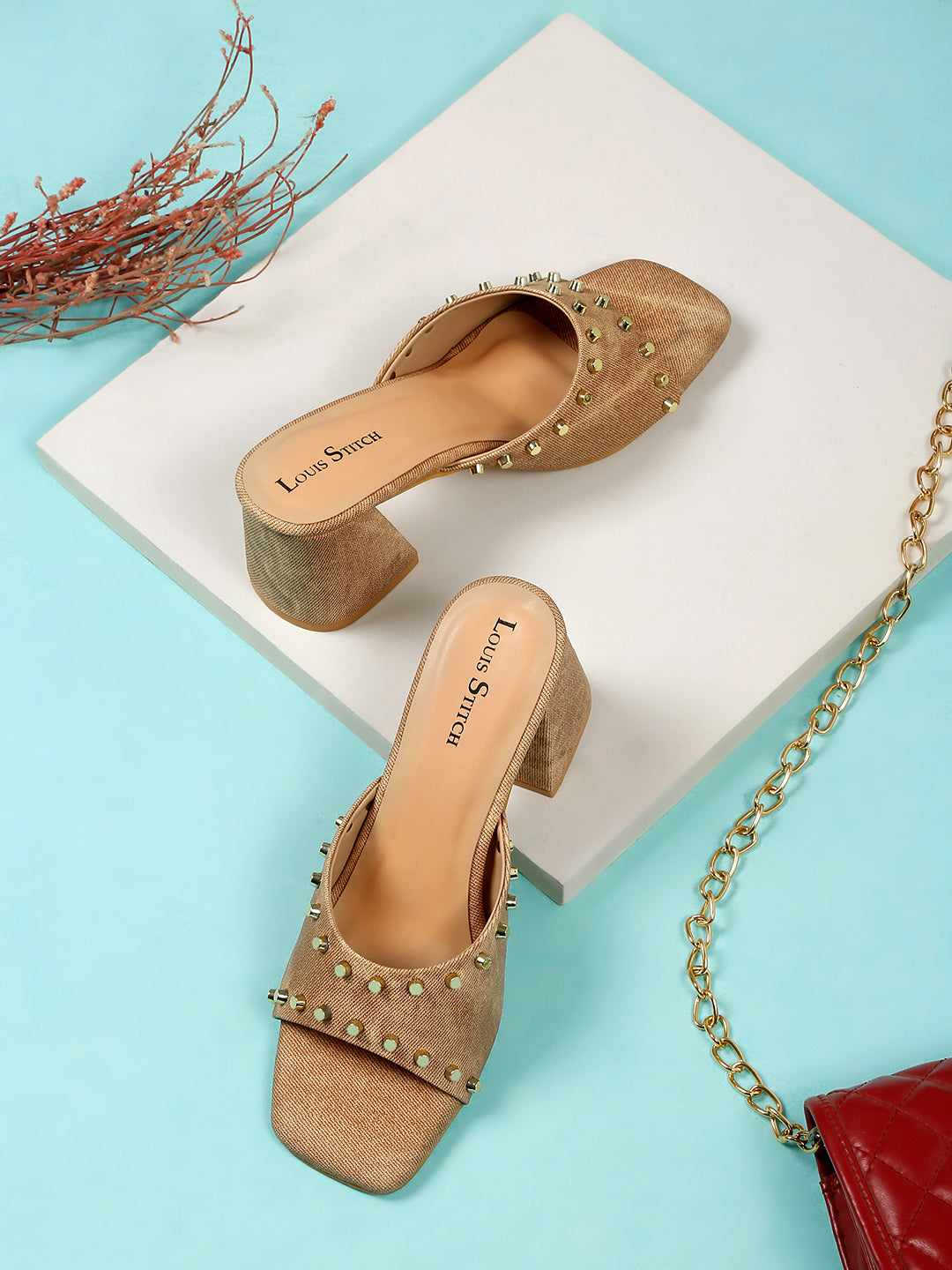 Women's Beige Block Heel Mules Beads Lightweight Sandals