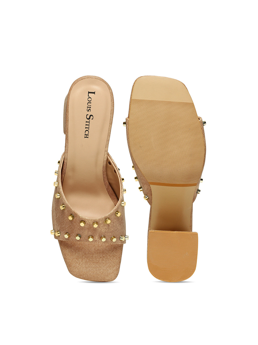 Women's Beige Block Heel Mules Beads Lightweight Sandals