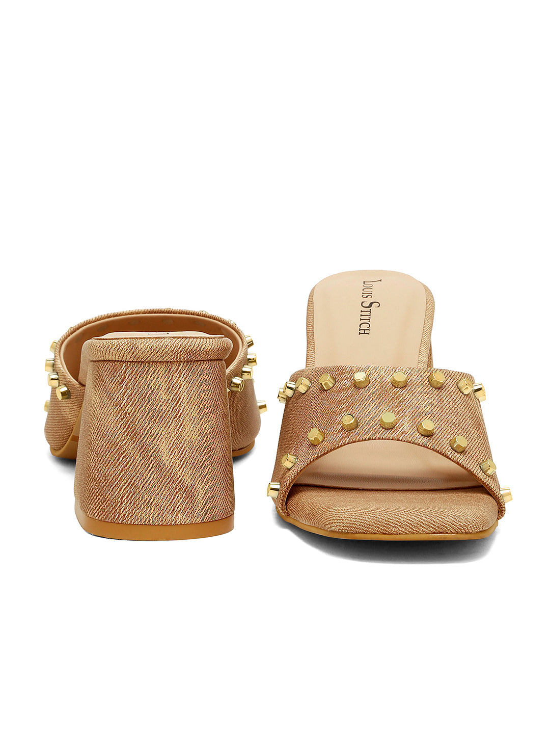 Women's Beige Block Heel Mules Beads Lightweight Sandals