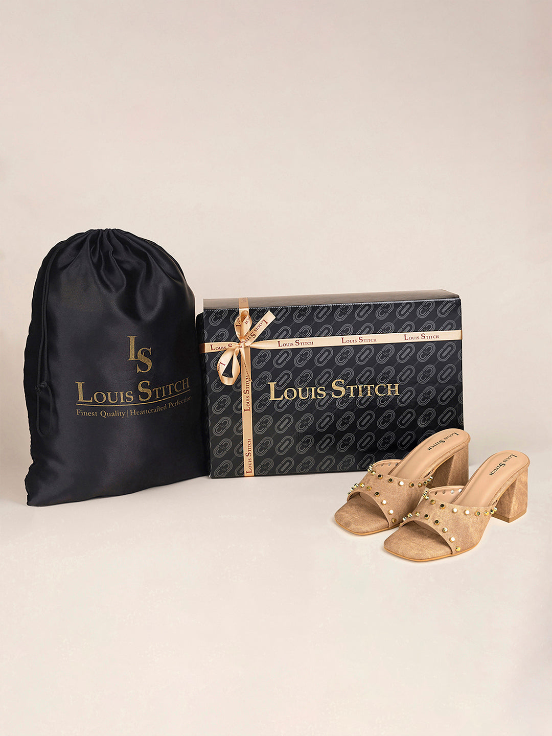 Women's Beige Block Heel Mules Beads Lightweight Sandals