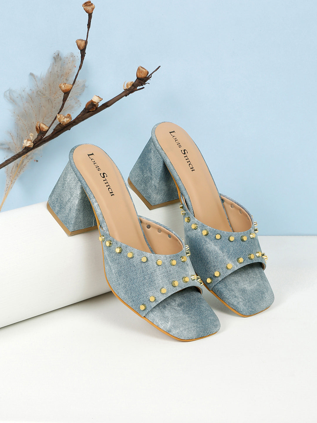 Women's Blue Block Heel Mules Beads Lightweight Sandals