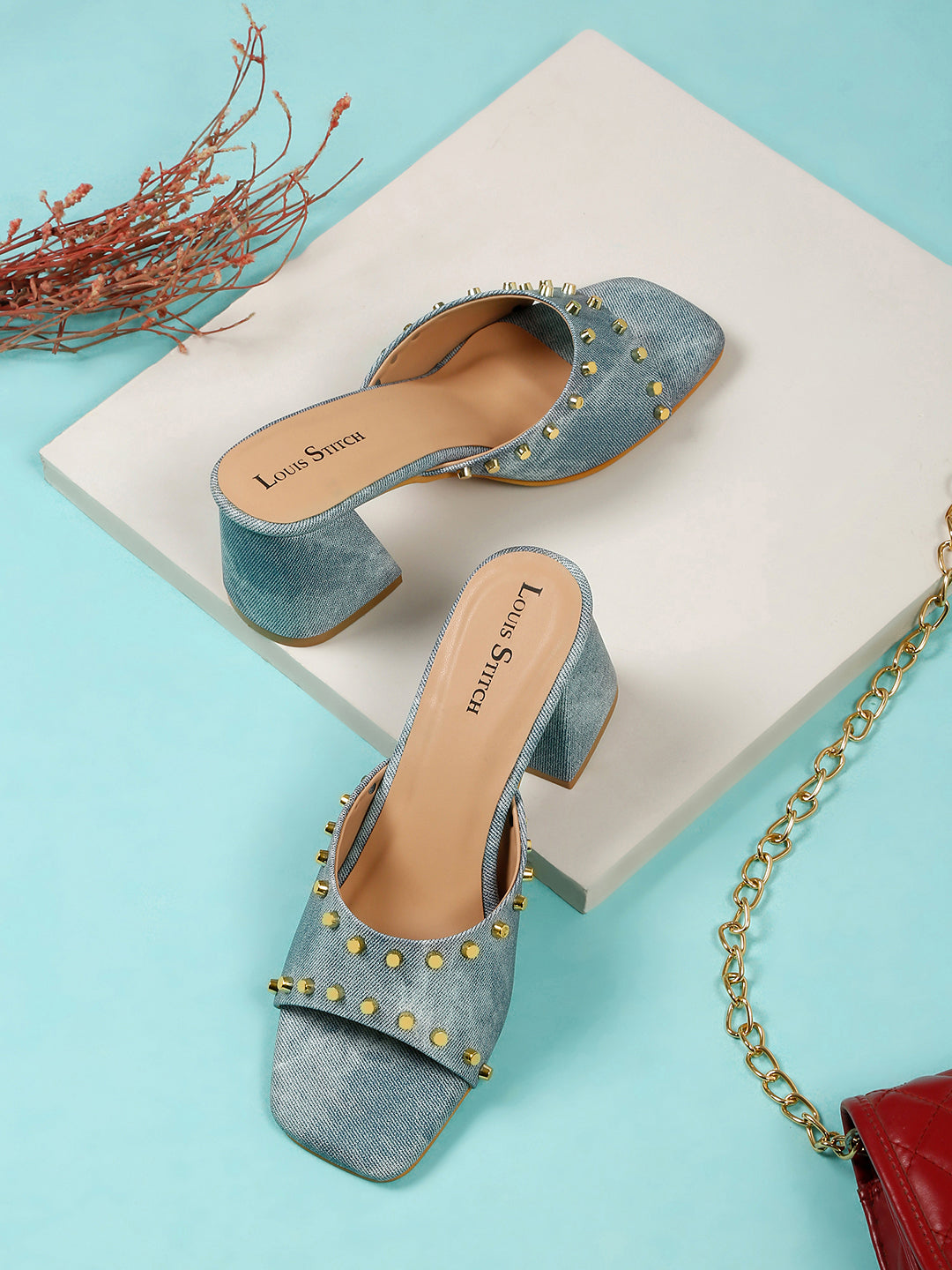 Women's Blue Block Heel Mules Beads Lightweight Sandals