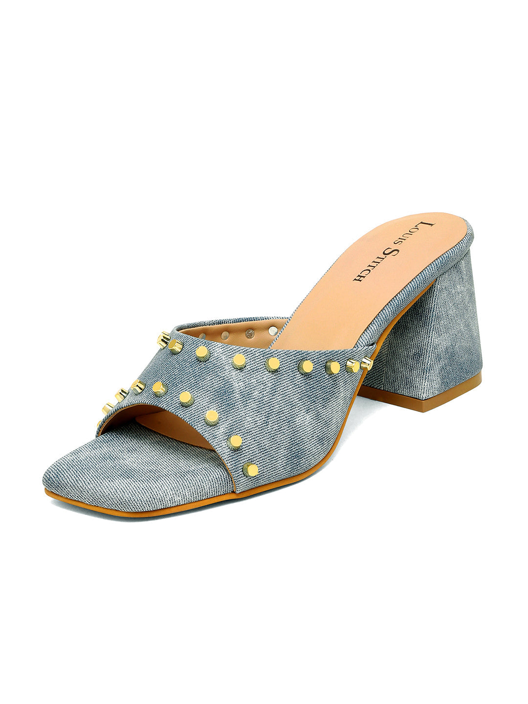 Women's Blue Block Heel Mules Beads Lightweight Sandals